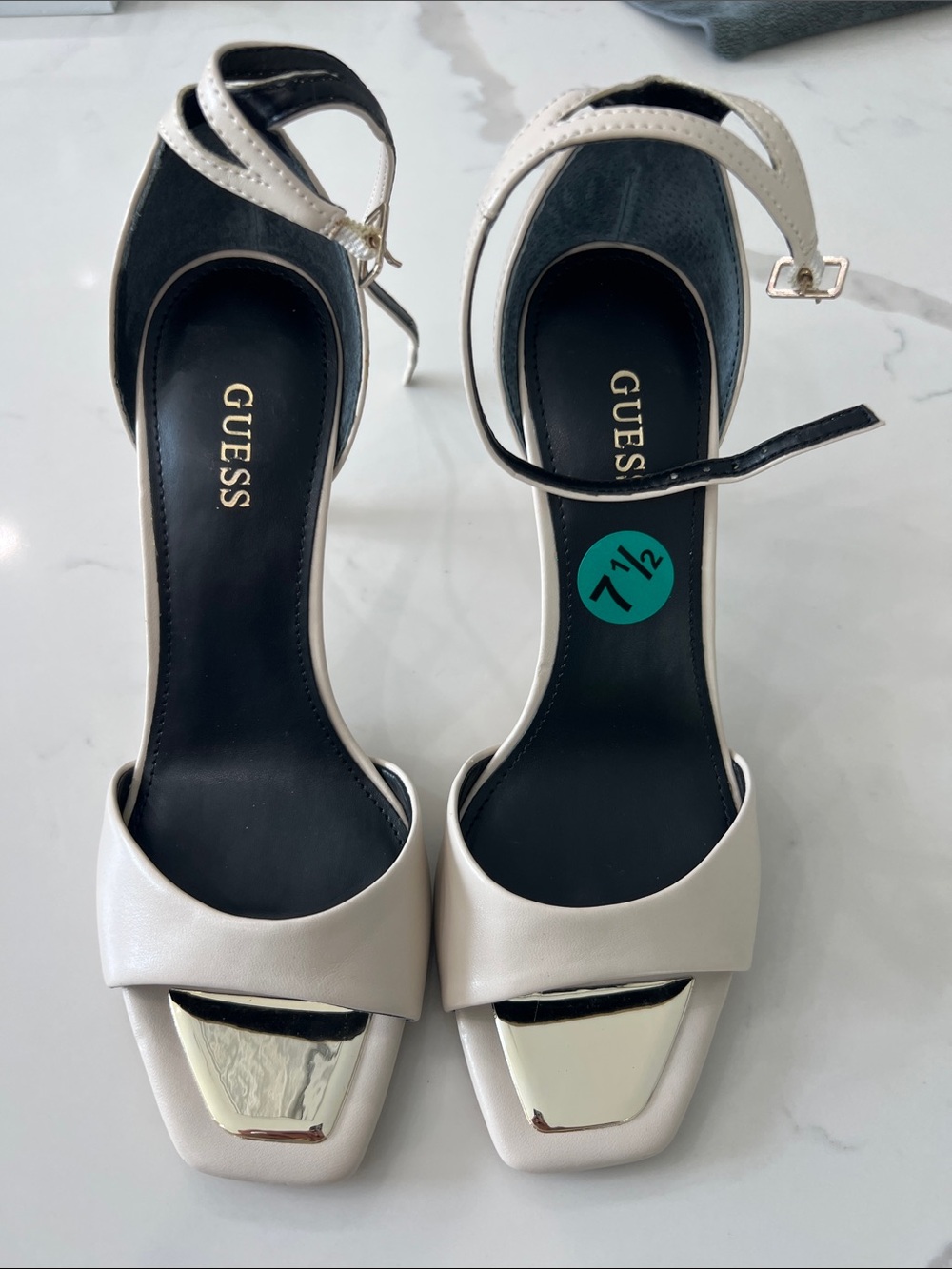 GUESS Cream Open-Toe Ankle Strap Heels with Gold Accents